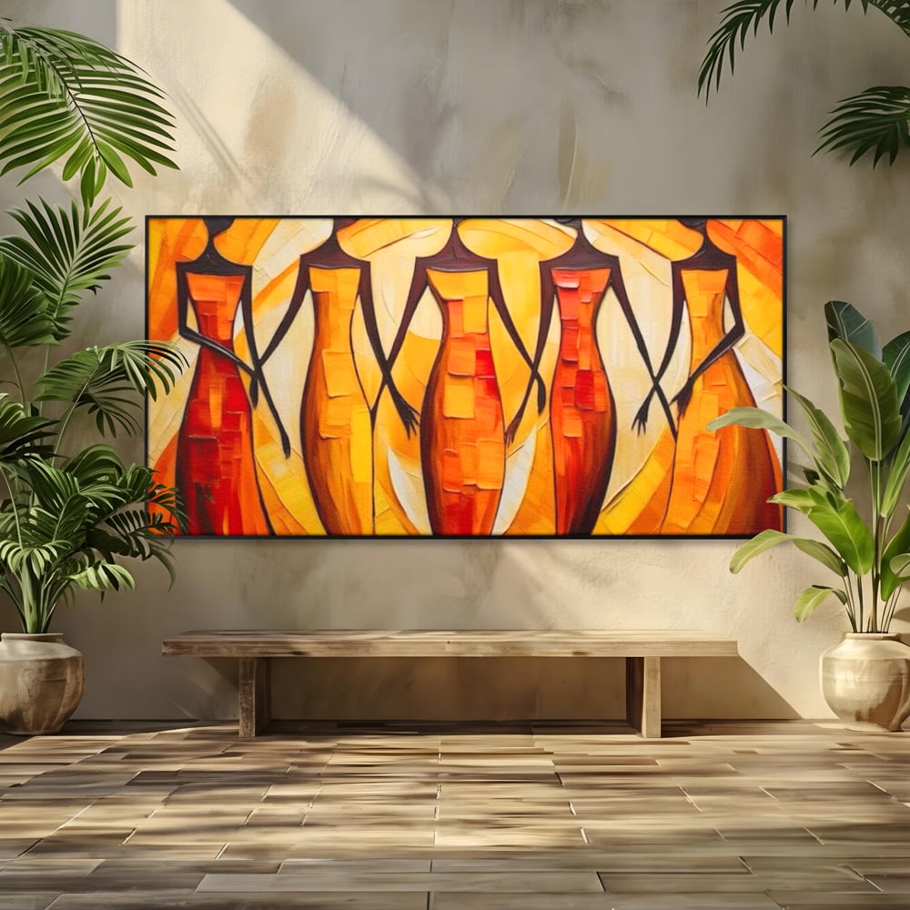 Tablou canvas cu pictura abstracta cu cinci femei stilizate, in rama de aluminiu negru